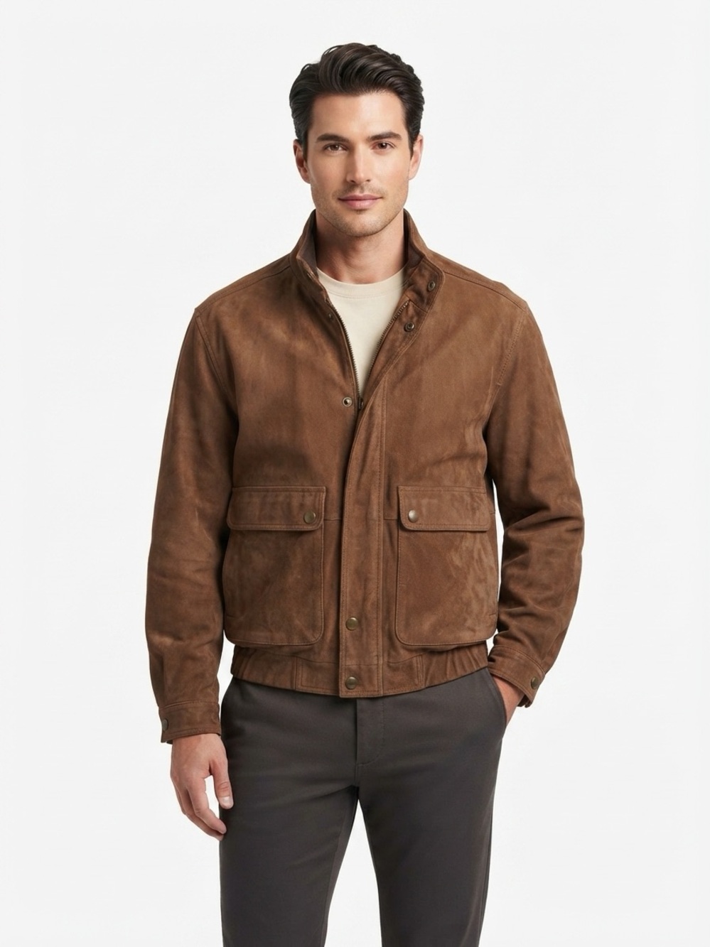 The Company Store Bomber Jacket Vintage Zip Suede Leather Brown XL
